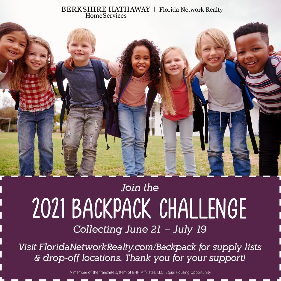 Berkshire Hathaway HomeServices Florida Network Realty announces its 22nd annual Backpack Challenge. The company is collecting new backpacks and school supplies through July 19.